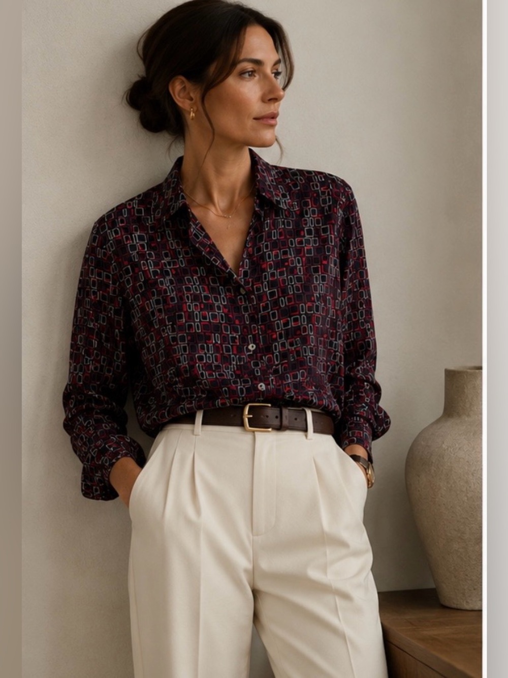 Womens Vintage Silk Geometric Button-Up Blouse